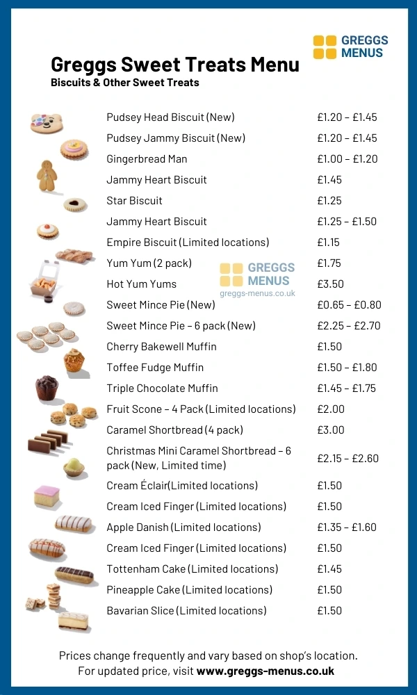 greggs sweet treats menu biscuits yumyums muffins etc