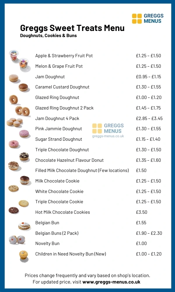 greggs sweet treats menu doughnuts cookies etc